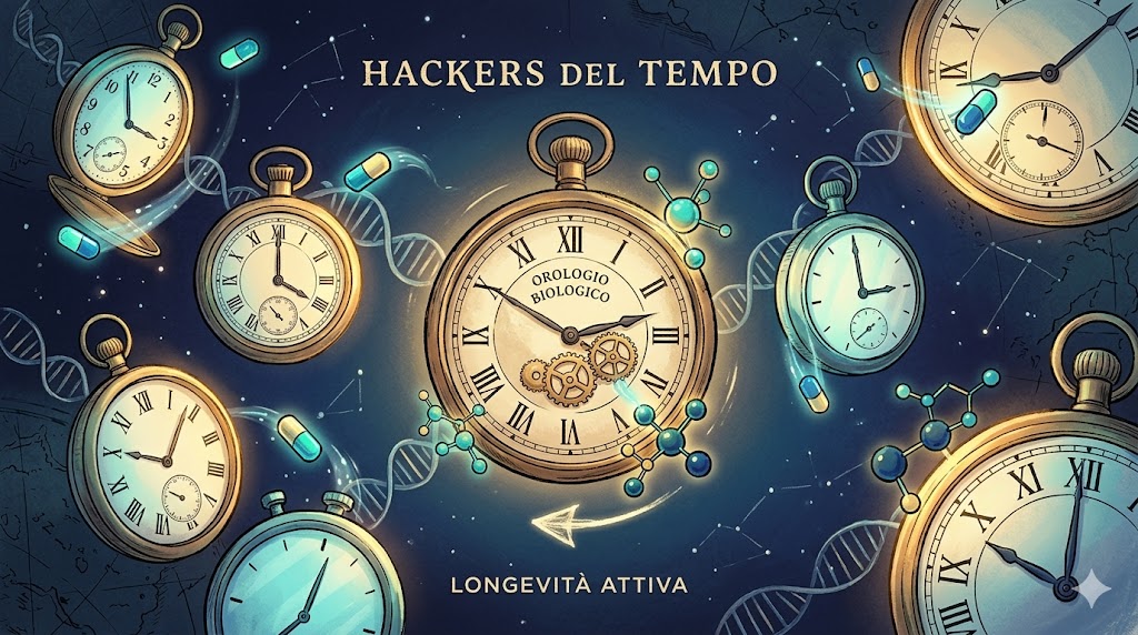 Illustrazione concettuale di orologi biologici manipolati da molecole e farmaci per la longevità.